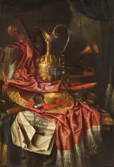 Franciscus Gijsbrechts, Stillleben mit goldener Helmkanne samt Becken, Musikinstrumenten und Grafik-Blättern, Öl auf Leinwand
