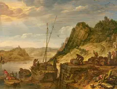 Herman Saftleven, Beladung eines Fluss-Schiffes mit Ballen und Fässern, 1679, Öl auf Holz
