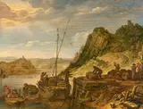 Herman Saftleven, Beladung eines Fluss-Schiffes mit Ballen und Fässern, 1679, Öl auf Holz
