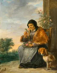 David d.J. Teniers, Alte Dame, den Rosenduft genießend, neben ihr ein Hund, Öl auf Holz