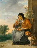 David d.J. Teniers, Alte Dame, den Rosenduft genießend, neben ihr ein Hund, Öl auf Holz