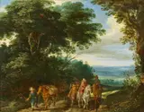 Antwerp School, Zwei Reiter und drei Bauern zu Fuß auf dem Weg vor einer weiten Landschaft, Öl auf Kupfer