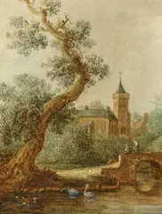 Flusslandschaft mit Brücke und Kirche by Frans de Hulst, Um 1630-35, Öl auf Holz, sold Nov 2024