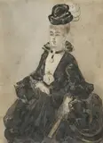 Constantin Guys, Elegante Dame im schwazen Kleid, Lavierte Tuschzeichnung auf Papier