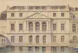 Marcel Lambert, Nordfassade von Schloss Versailles mit Blick auf die Reservoirs, Aquarellierte Federzeichnung auf Papier