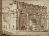 Victor-Jean Nicolle, Der Triumphbogen des Septimius Severus in Rom, Feder, Tusche (Sepia) auf Papier