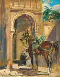 Wojciech Kossak, Ein Araber mit Pferd wartet vor einem Portal