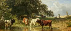 Friedrich Voltz, Kühe an der Tränke, 1878, Öl auf Holz