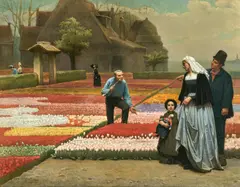 Gerrit Postma, Der Tulpenhändler mit Familie beim Tulpenbauern, Öl auf Leinwand