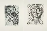 Jonathan Meese, Don Skeletti im Fettnapf mit 10 Zäpfchen / Colonel Iverson, 2007, Jeweils: Farbradierung auf Somerset (Wasserzeichen)