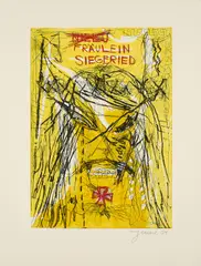 Fräulein Siegfried by Jonathan Meese, 2004, Kombinationsdruck aus Farbradierung und Farblinoldruck auf Arches (Wasserzeichen), sold Nov 2024