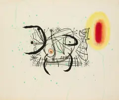 Aus: Fissures by Joan Miró, 1969, Farbaquatinta auf BFK RIVES (Wasserzeichen), sold Jan 2025