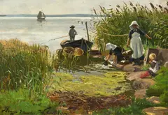 Walter Leistikow, Wäscherinnen am Seeufer, 1886, Öl auf Karton