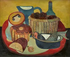 Stillleben mit Brotkorb/Brotkorb-Fische by Josef Scharl, 1934, Öl auf Leinwand, sold Nov 2024