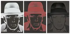 Joseph Beuys by Andy Warhol, 1980, Jeweils Farbserigrafie, zwei mit Diamantenstaub, auf schwarzem Arches Cover Papier, sold Nov 2024