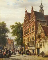 Cornelis Springer, Die Rathausstraße in Naarden mit Markt, 1863, Öl auf Holz