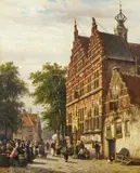Cornelis Springer, Die Rathausstraße in Naarden mit Markt, 1863, Öl auf Holz