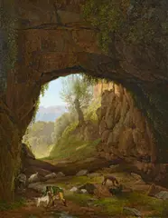 Abraham Teerlink, Landschaft mit Jägern unter einem Felsentor, 1815, Öl auf Leinwand