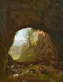 Abraham Teerlink, Landschaft mit Jägern unter einem Felsentor, 1815, Öl auf Leinwand