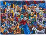 Jörg Immendorff, Café de Flore, 1992, Farbserigrafie auf Seide