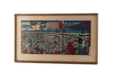 Yoshitoshi Tsukioka, Farbholzschnitt mit Schlachtenszene als Triptychon, Farbholzschnitt