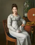 Porträt einer jungen Frau am Nähtisch by Heinrich Christoph Kolbe, Um 1815, Öl auf Leinwand, sold Nov 2024