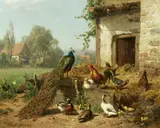 Carl Jutz, Pfauen, Hühner, Hahn und Enten vor dem Stall, 1882, Öl auf Leinwand