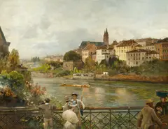 Oswald Achenbach, Blick von der "Mittleren Rheinbrücke" auf das Basler Münster, 1889, Öl auf Leinwand