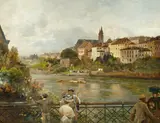 Oswald Achenbach, Blick von der "Mittleren Rheinbrücke" auf das Basler Münster, 1889, Öl auf Leinwand