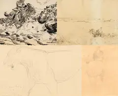 Otto Dill, Vier Zeichnungen mit Reiterdarstellungen, Kuhgespann und Löwe, Tusche-, Pinsel-, Federzeichnung und Grafit auf Papier