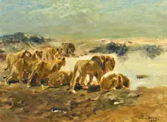 Otto Dill, Löwenrudel am Wasser bei Nacht, 1944, Öl auf Leinwand