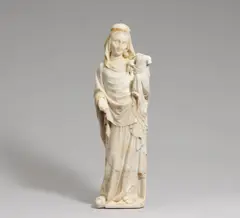Französische Schule, Madonna mit Christuskind und Stieglitz, 2. H. 14. Jh, Marmor, vollrund gearbeitet. Mit Resten einer alten Vergoldung