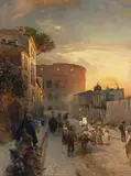 Oswald Achenbach, Straßenszene vor dem Kolosseum, 1884, Öl auf Leinwand