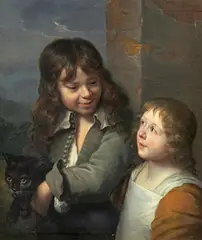 Haarlemer Schule, Zwei Kinder mit einer schwarzen Katze, Öl auf Leinwand