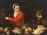 Frans Snyders, Küchenstillleben mit einer Frau in rotem Oberteil, Öl auf Holz