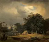 Andreas Achenbach, Bauernkate am Waldrand mit Regenbogen