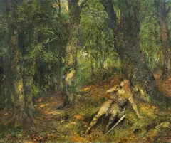 Ferdinand Leeke, Siegfried lauscht dem Waldvogel, Öl auf Leinwand