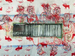 Lilli Elsner, "... die gekauften Geheimnisse...". Aus: "Amazonenmythos", 2015, Mischtechnik auf bedrucktem Stoff