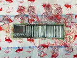 Lilli Elsner, "... die gekauften Geheimnisse...". Aus: "Amazonenmythos", 2015, Mischtechnik auf bedrucktem Stoff