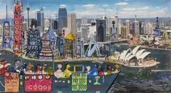 Thitz, "Arrival at Sydney", 2000, Acryl und Collage auf Leinwand