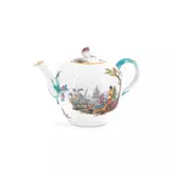 Meissen, Teekanne mit Kauffahrteiszenen und reliefierten Blüten, Um 1760-70, Porzellan, farbig staffiert, sparsam gold dekoriert