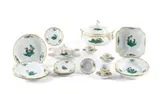72 Teile aus einem Speiseservice mit Dekor "Grüne Watteauszene" by Meissen, 20. Jh, Porzellan, grün und sparsam farbig staffiert, gold dekoriert, sold Jan 2025