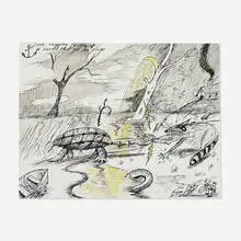 H. C. Westermann, Connecticut Snapping Turtle and a Raccoon That Got Too Close, 1974, ink and watercolor on paper