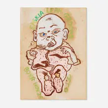 Red Grooms, Birth Announcement for Saskia Leah Grooms, 1970, woodcut in colors