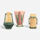 Collection of three Futura vases by Roseville Pottery, c. 1928, glazed earthenware, sold Mar 2023