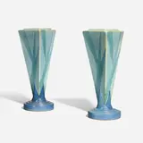 Futura Big Blue Triangle vases model 388, set of two by Roseville Pottery, c. 1928, glazed earthenware, sold Mar 2023