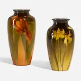 Standard Glaze vases with tulips and daffodils, set of two by John Dee Wareham and Mary Nourse for Rookwood Pottery, sold Mar 2023