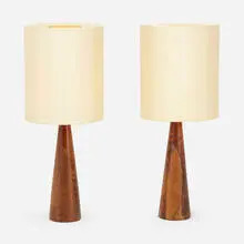 Table lamps, pair by Phillip Lloyd Powell, c. 1960, carved walnut, linen, sold Jan 2022