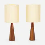 Phillip Lloyd Powell, Table lamps, pair, c. 1960, carved walnut, linen