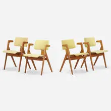 Robin and Lucienne Day, Hillestak armchairs, set of four, c. 1950, beech plywood, coated canvas